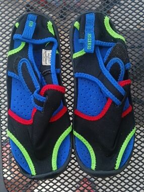 OshKosh B'gosh Black Blue Swim Shoes with Red and Neon Green Trim